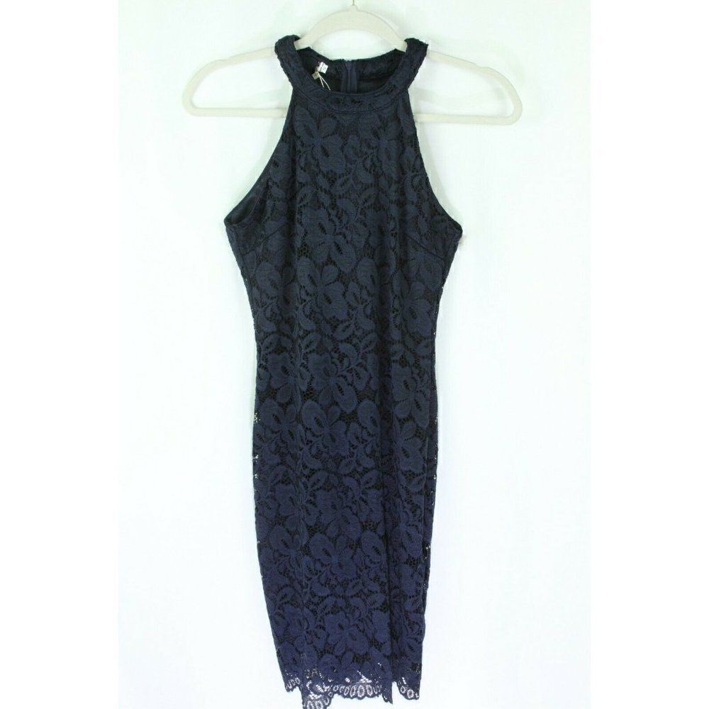 Ellies Sheath Dress Floral Lace Navy Blue High Neck Lined Juniors Small NEW
